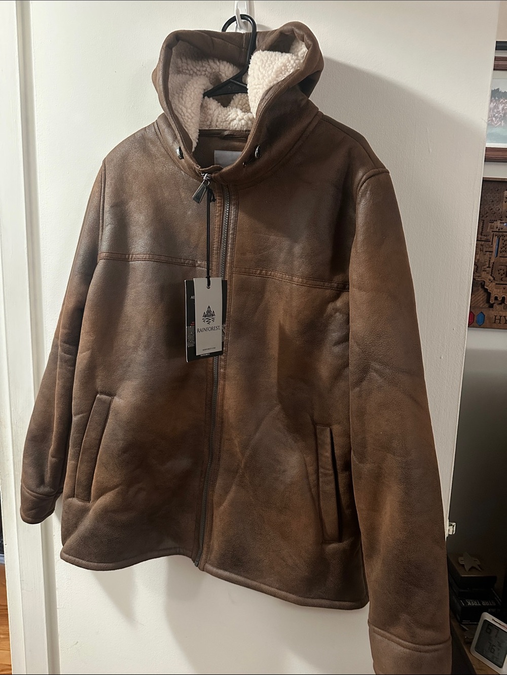RAINFOREST Brown Hooded Shearling-Lined Men’ Jacket NWT